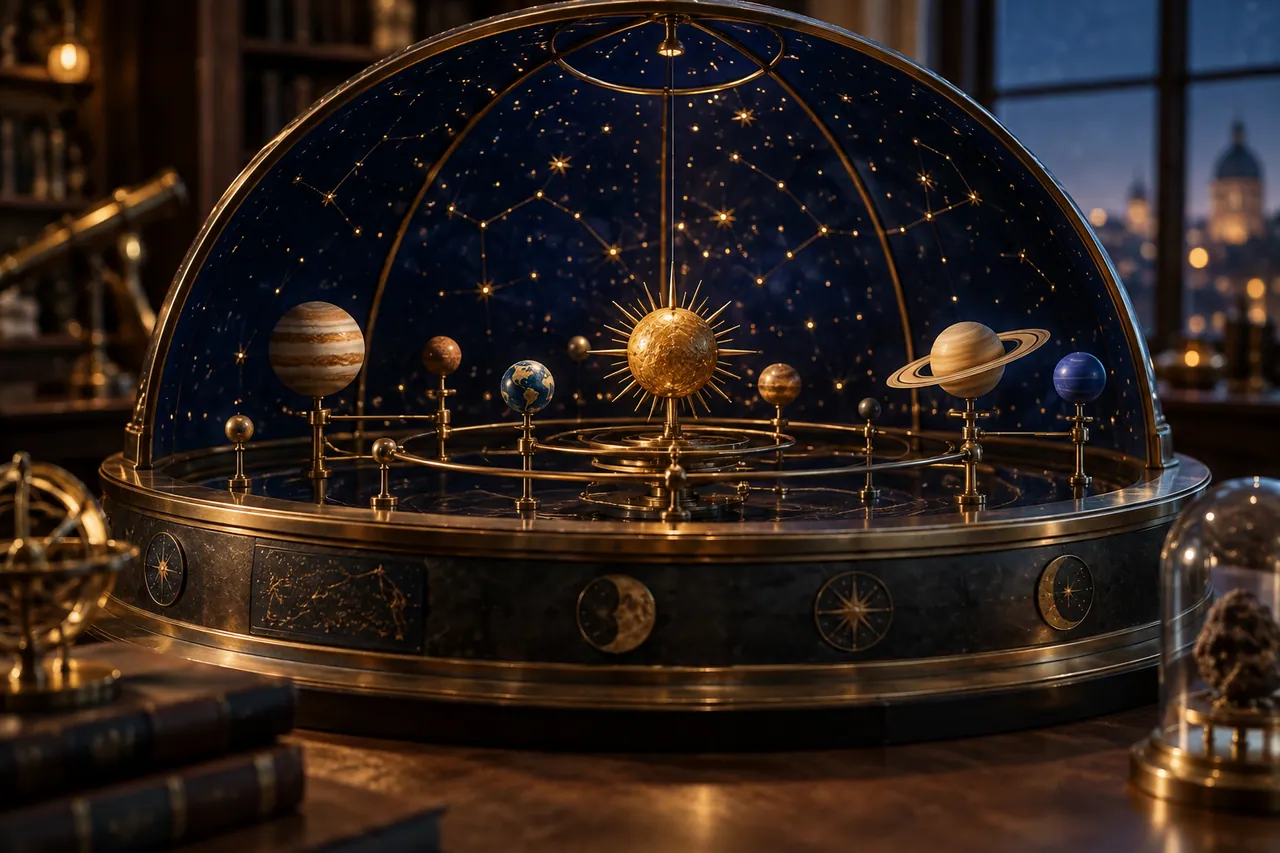 A miniature planetarium with a dark blue dome and polished brass stars on a circular exhibition table.
