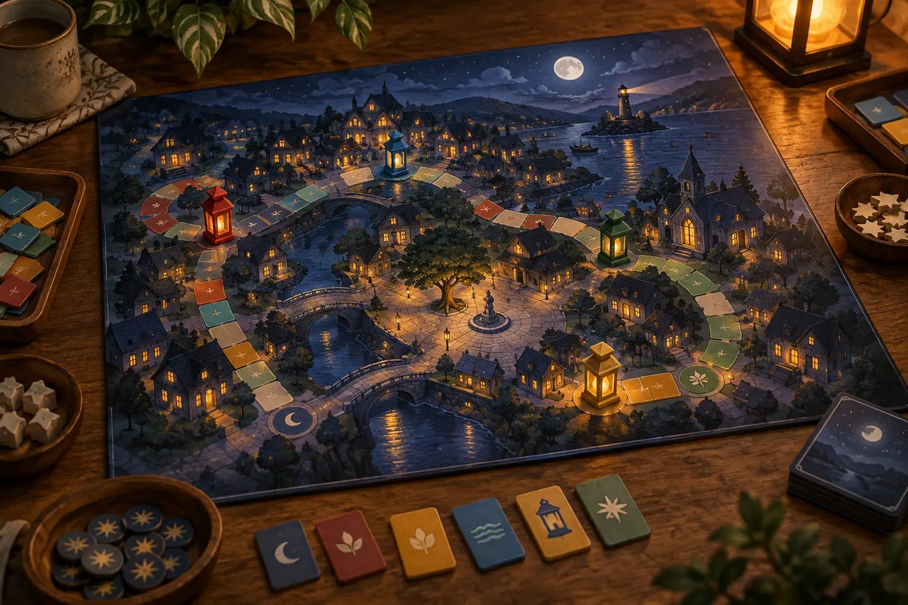 An original fictional cooperative board game arranged on a wooden table: an illustrated nighttime neighborhood board.