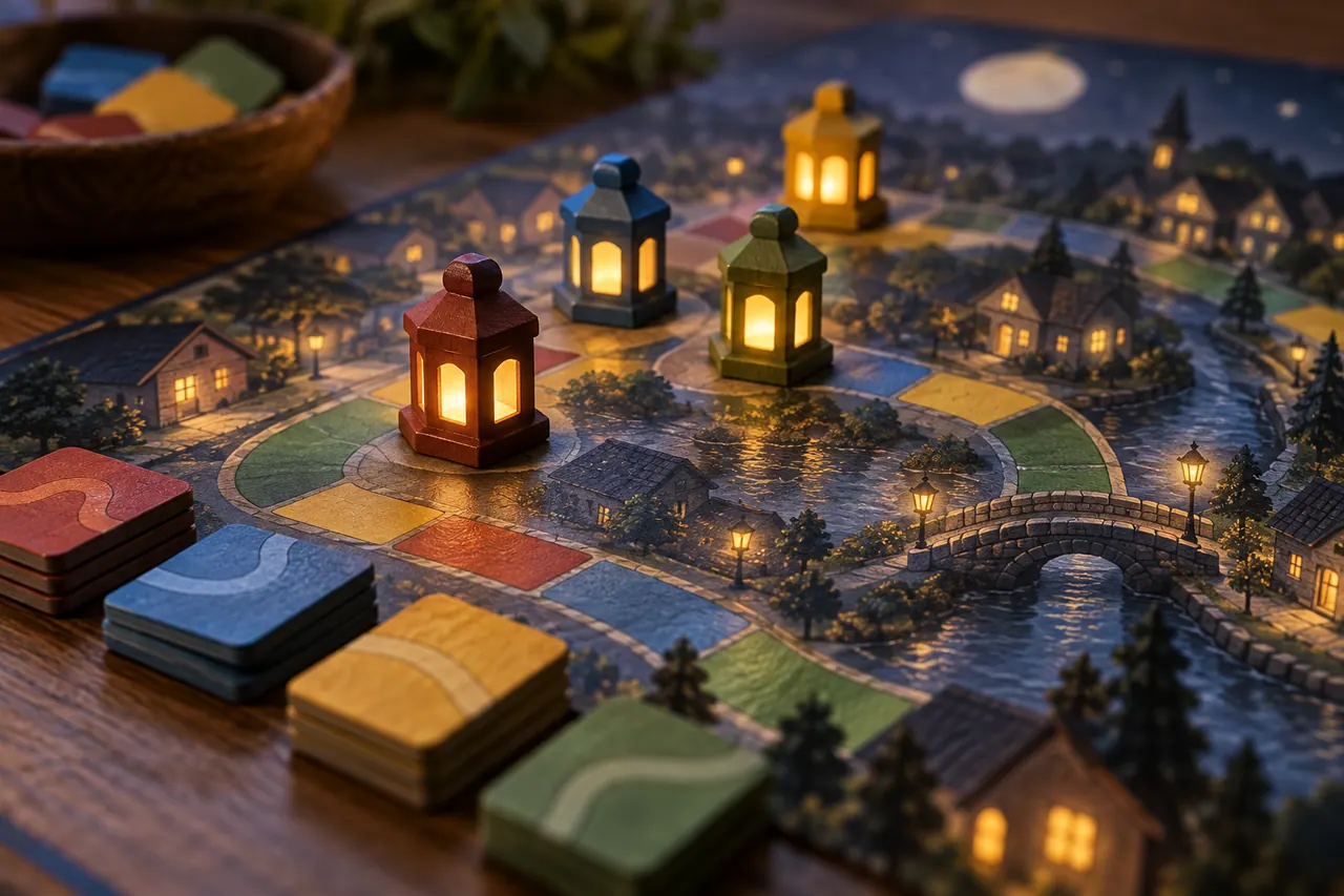 Close tabletop view of small lantern-shaped wooden game tokens beside colored route tiles on an illustrated nighttime neighborhood board.